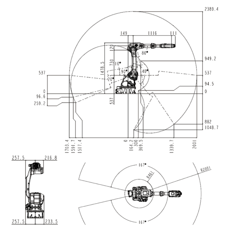 ROBOT SIZE DIMENSION & MAXIMUM MOTION RANGE VBR10-2000